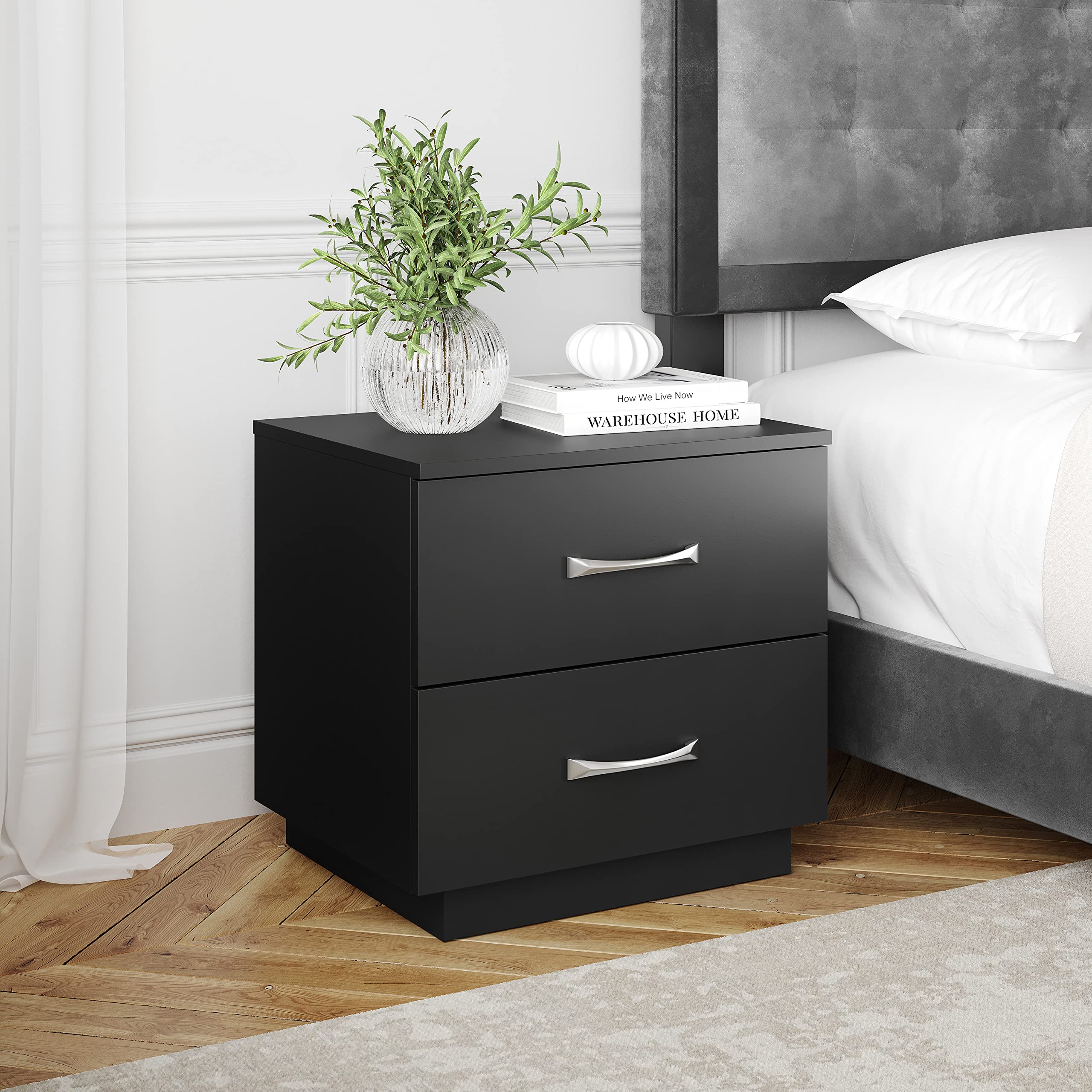 Boyd Sleep Bedroom Nightstand Bedside Table: Hamilton Two Drawer Storage with Pedestal Base, Black